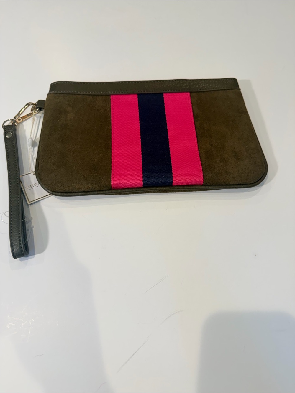 Shiraleah Olive Suede Wristlet with Hot Pink and Navy Center Stripe